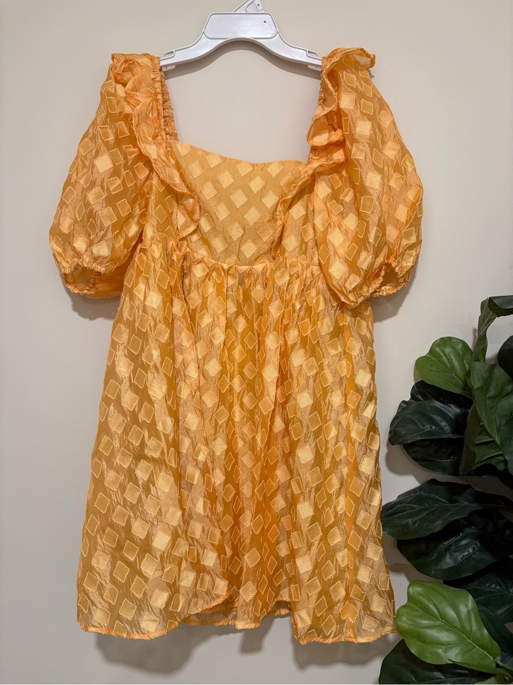 Storia Yellow Textured Mini Dress with Puff Sleeves